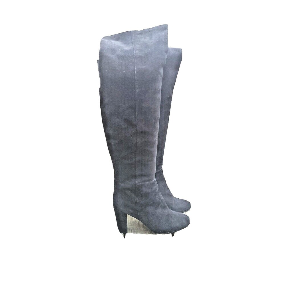 Women SZ 8.5 Suede Tall Boots 3" Block Heel Zipper Black Hologeb